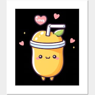 Cute Kawaii Mango Milkshake with Hearts | Kawaii Food Art for Kawaii Lovers Posters and Art